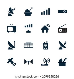 Antenna icon. collection of 16 antenna filled icons such as signal, tv, satellite, house signal, router, walkie talkie, observatory. editable antenna icons for web and mobile.