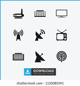 Antenna icon. collection of 9 antenna filled icons such as satellite, business center building, tv, router, signal, transmitter. editable antenna icons for web and mobile.