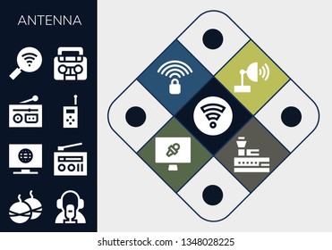 antenna icon set. 13 filled antenna icons.  Collection Of - Wifi, Smoke bomb, News reporter, Television, Radio, Walkie talkie, Satellite dish, Wifi signal, News report, Control tower