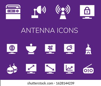 antenna icon set. 14 filled antenna icons. Included Radio, Satellite dish, Signal, Television, Smoke bomb, Tower icons
