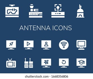 conjunto de iconos de antena. 14 iconos llenos de antena.  Iconos modernos sencillos, como: Televisión, Torre de Control, Wifi, Torre, Walkie talkie, Televisión