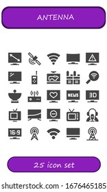 antenna icon set. 25 filled antenna icons. Included Television, Signal, Wifi, Walkie talkie, Satellite dish, Modem, Tv, News reporter, Antenna icons