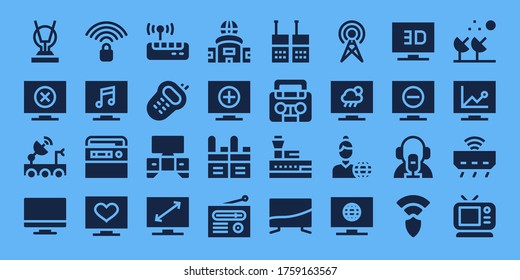 antenna icon set. 32 filled antenna icons. Included Antenna, Television, Satellite dish, Tv, Wifi signal, Radio, Wifi, Walkie, Walkie talkie, Control tower, News reporter icons
