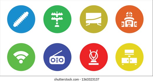 antenna icon set. 8 filled antenna icons.  Collection Of - Centipede, Wifi, Transmission tower, Radio, Television, Antenna