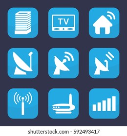 antenna icon. Set of 9 filled antenna icons such as signal tower, business center building, TV, signal, satellite, house signal