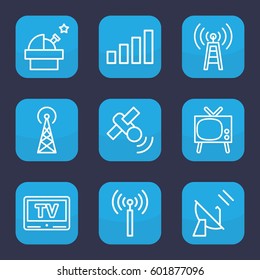 antenna icon. Set of 9 outline antenna icons such as signal tower, TV, satellite, signal, observatory