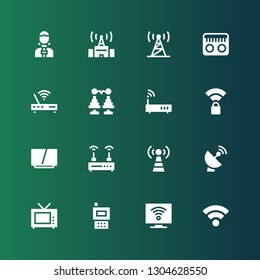 antenna icon set. Collection of 16 filled antenna icons included Wifi, Television, Radio, Satellite dish, Signal tower, Router, Wireless, Tower, Modem, Signal, News reporter