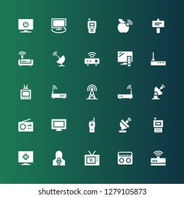 antenna icon set. Collection of 25 filled antenna icons included Modem, Radio, Television, News reporter, Radar, Walkie talkie, Tv, Wifi, Broadcast, Router, Satellite dish, Signal