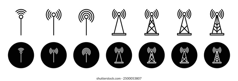 Conjunto de iconos de antena. Símbolo de Vector de las torres de comunicación. Colección de icono de señal inalámbrica del receptor del transmisor. Icono de torres de transmisión.