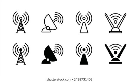 Conjunto de iconos de antena. Con señal de radio inalámbrica, antena parabólica, antena de torre, televisión o televisión. Ilustración de vector