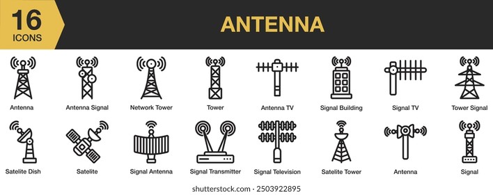 Antenna icon set. Includes network tower, satelite, tv antenna, signal transmitter and More. Outline icons vector collection.