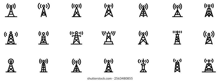 Antenna icon set. Radio antenna icon. Radio tower icons. Communication towers collection. Transmitter receiver wireless signal icons. Vector Illustration. EPS 10