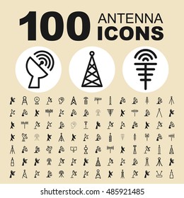 Antenna icon set. Satellite dish pictogram. Radio vector graphic. Signal symbol. Communication web objects. Media design collection.