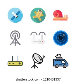 antenna icon set. vector set about snail, satellite, radar and satellite dish icons set.