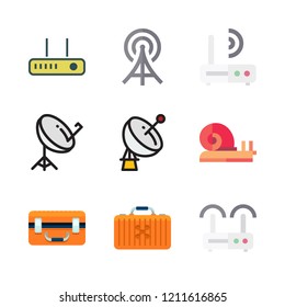 antenna icon set. vector set about radio antenna, satellite dish, snail and drone case icons set.