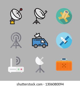 antenna icon set. vector set about satellite, radio antenna, drone case and satellite dish icons set.
