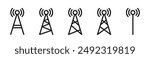 Antenna icon set. Wireless communication icons. Radio antenna icon. Communication tower icons. Radio tower icons. Transmitter, receiver, wireless signal icons.