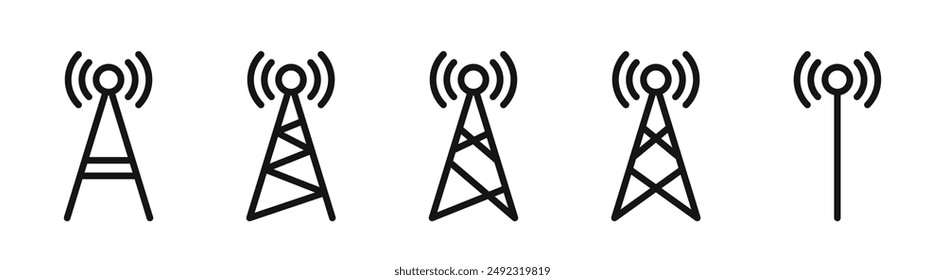 Antenna icon set. Wireless communication icons. Radio antenna icon. Communication tower icons. Radio tower icons. Transmitter, receiver, wireless signal icons.