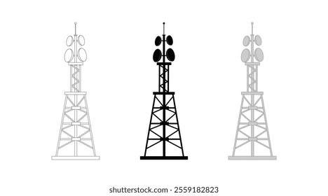 Antenna icon set. Wireless communication icons. Radio antenna icon. Communication tower icons. Radio tower icons. Transmitter, receiver, wireless signal icons. Transmitter tower. Radio tower. 