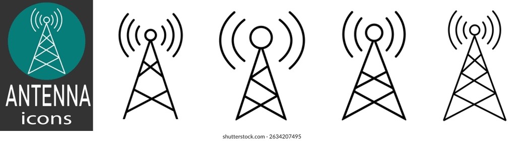 Conjunto de ícones de antena. Ícones de comunicação sem fio. Ícone de sinal da torre, Ícones da torre de comunicação, Ícones da torre de rádio, Isolado no fundo branco. ilustração vetorial.