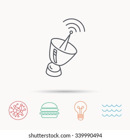 Antenna Icon. Sputnik Satellite Sign. Radio Signal Symbol. Global Connect Network, Ocean Wave And Burger Icons. Lightbulb Lamp Symbol.