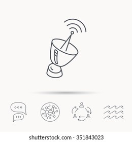 Antenna icon. Sputnik satellite sign. Radio signal symbol. Global connect network, ocean wave and chat dialog icons. Teamwork symbol.
