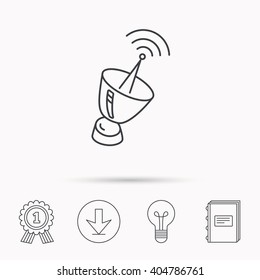 Antenna Icon. Sputnik Satellite Sign. Radio Signal Symbol. Download Arrow, Lamp, Learn Book And Award Medal Icons.