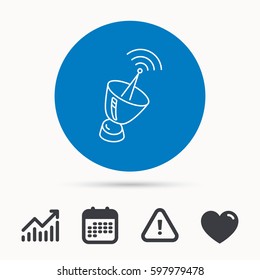 Antenna icon. Sputnik satellite sign. Radio signal symbol. Calendar, attention sign and growth chart. Button with web icon. Vector