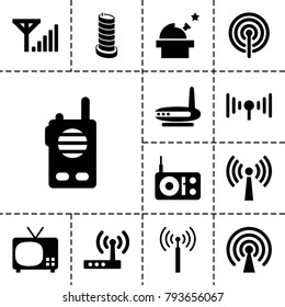 Antenna icons. set of 13 editable filled antenna icons such as signal tower, tv, observatory, radio, router, signal, mobile signal, walkie talkie