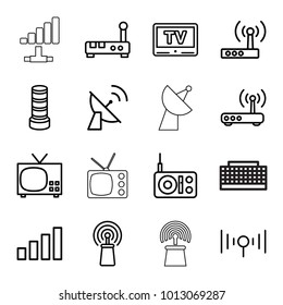 Antenna icons. set of 16 editable outline antenna icons such as business center building, tv, radio, signal, router, satellite