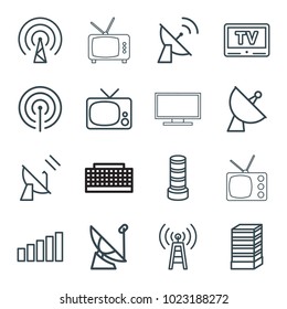 Antenna icons. set of 16 editable outline antenna icons such as business center building, transmitter, tv, satellite, signal