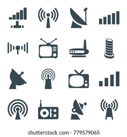 Antenna icons. set of 16 editable filled antenna icons such as transmitter, radio, tv, satellite, signal, tv, router, signal tower