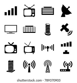 Antenna icons. set of 16 editable filled antenna icons such as business center building, signal, tv, satellite, tv, router