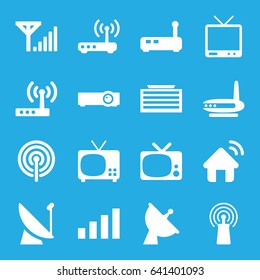 Antenna icons set. set of 16 antenna filled icons such as business center building, satellite, signal, tv, router, house signal