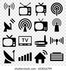 Antenna icons set. set of 16 antenna filled icons such as signal tower, business center building, signal, tv, tv, satellite, house signal