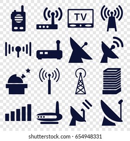 Antenna icons set. set of 16 antenna filled icons such as signal tower, satellite, business center building, tv, signal, router, walkie talkie, observatory