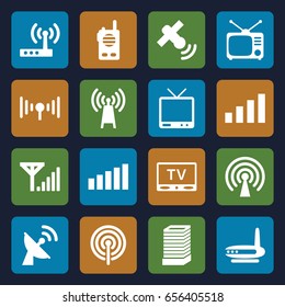 Antenna icons set. set of 16 antenna filled icons such as business center building, tv, tv, signal, satellite, router, mobile signal, walkie talkie