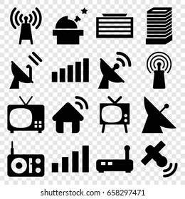 Antenna icons set. set of 16 antenna filled icons such as satellite, business center building, signal, house signal, radio, observatory, transmitter, tv