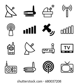 Antenna icons set. set of 16 antenna filled and outline icons such as tv, signal, satellite, signal tower, walkie talkie, observatory, router