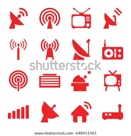 Antenna icons set. set of 16 antenna filled icons such as signal tower, business center building, satellite, tv, signal, house signal, radio, observatory, transmitter, tv