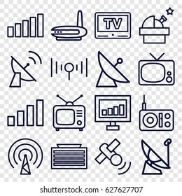 Antenna icons set. set of 16 antenna outline icons such as satellite, business center building, signal, Tv, TV, observatory, router