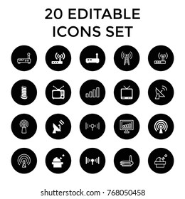 Antenna icons. set of 20 editable filled and outline antenna icons such as observatory, tv, tv, router, signal, satellite, transmitter