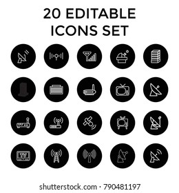 Antenna icons. set of 20 editable outline antenna icons such as satellite, business center building, tv, observatory. best quality antenna elements in trendy style.