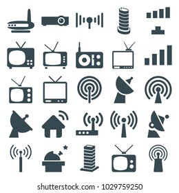 Antenna icons. set of 25 editable filled antenna icons such as signal tower, signal, tv, observatory, radio, satellite, router, house signal, business center building