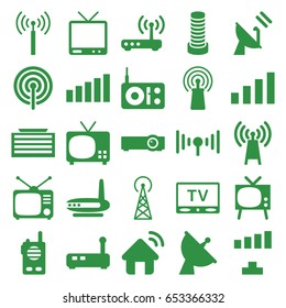 Antenna icons set. set of 25 antenna filled icons such as signal tower, business center building, signal, satellite, tv, tv, router, house signal, walkie talkie, radio
