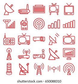 Antenna icons set. set of 25 antenna outline icons such as signal tower, satellite, business center building, signal, tv, router, mobile signal, walkie talkie, transmitter