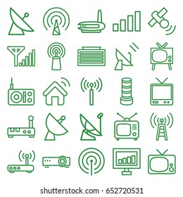 Antenna icons set. set of 25 antenna outline icons such as signal tower, satellite, business center building, signal, tv, tv, router, transmitter