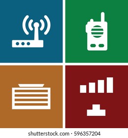 antenna icons set. Set of 4 antenna filled icons such as business center building, signal, router