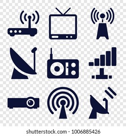 Antenna icons. set of 9 editable filled antenna icons such as radio, tv, satellite, router, signal