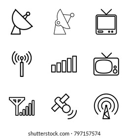 Antenna icons. set of 9 editable outline antenna icons such as signal tower, tv, satellite, signal